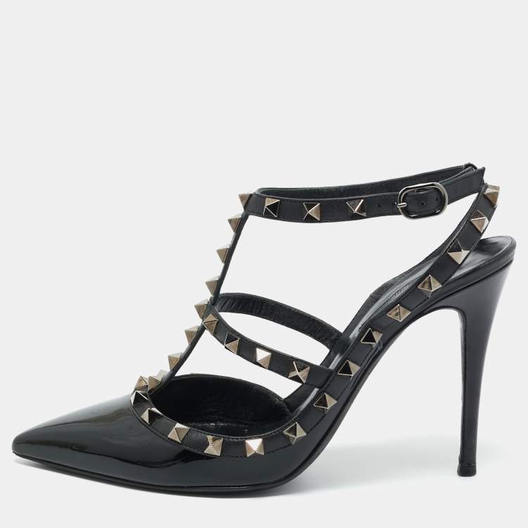 Pre Owned Valentino Black Leather and Patent Leather Rockstud Pumps Size 38