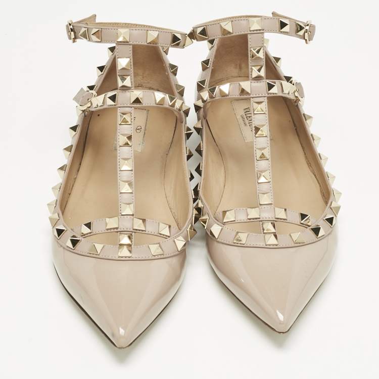 Pre Owned Valentino Beige Leather and Patent Leather Rockstud Ballet Flats Size 38.5