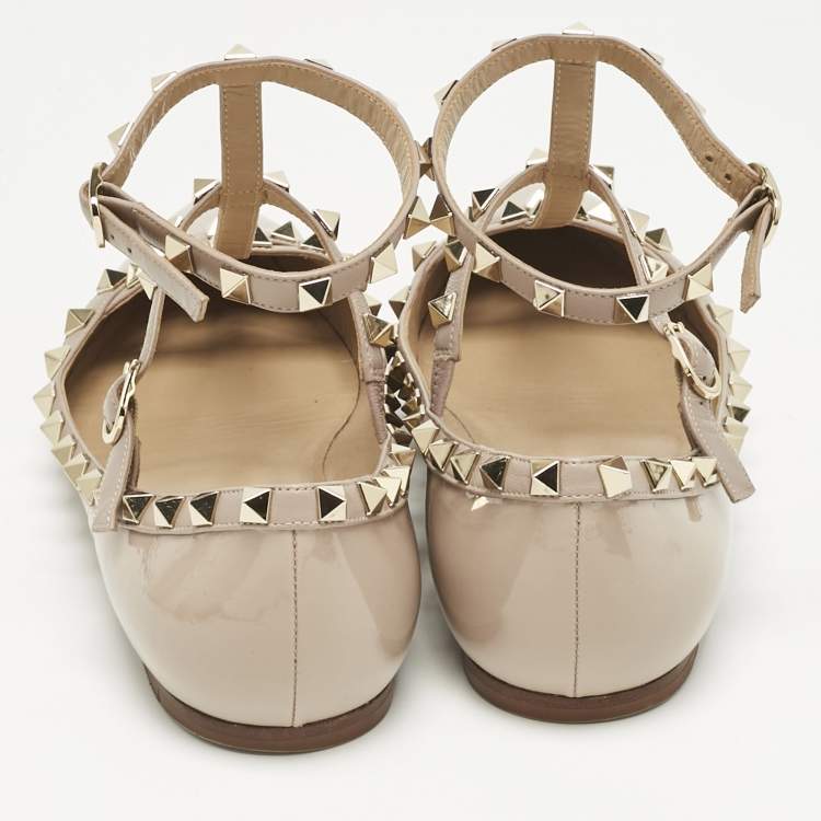 Pre Owned Valentino Beige Leather and Patent Leather Rockstud Ballet Flats Size 38.5