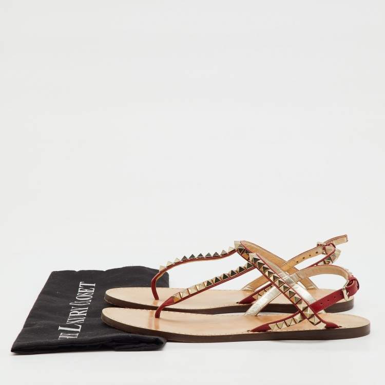 Pre Owned Valentino Red Leather Rockstud Thong Flat Sandals Size 38