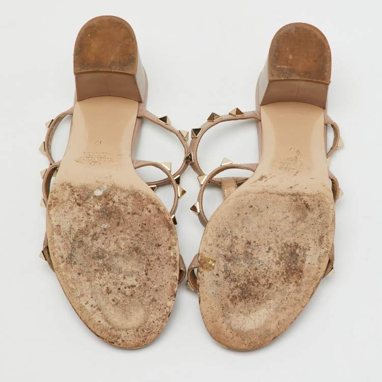 Pre Owned Valentino Beige Leather Rockstud Block Heel Slide Sandals Size 37