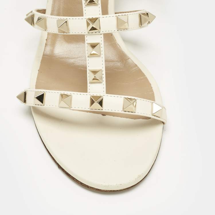 Pre Owned Valentino Cream Leather Rockstud Slide Sandals Size 37.5