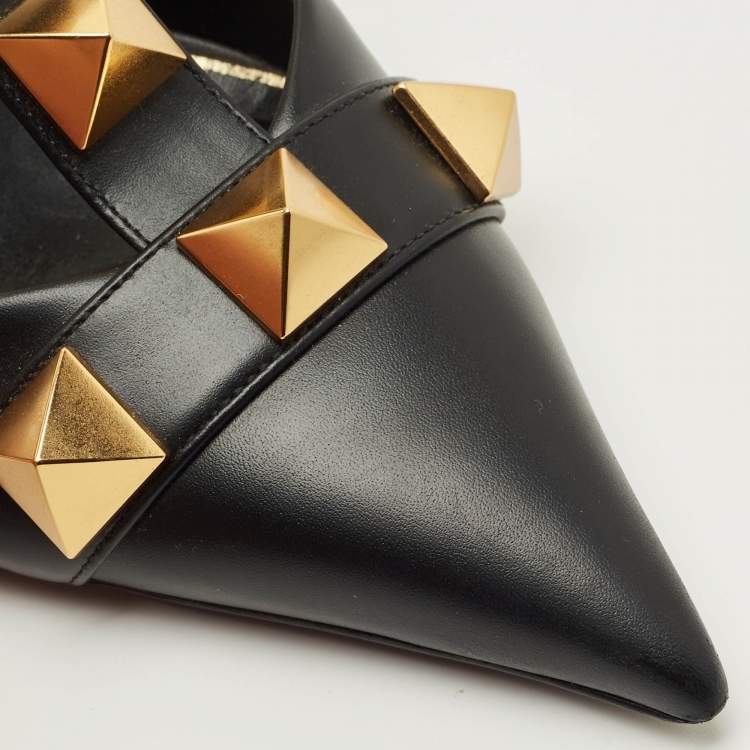 Pre Owned Valentino Black Leather Roman Stud Ankle Cuff Pointed Toe Pumps Size 39