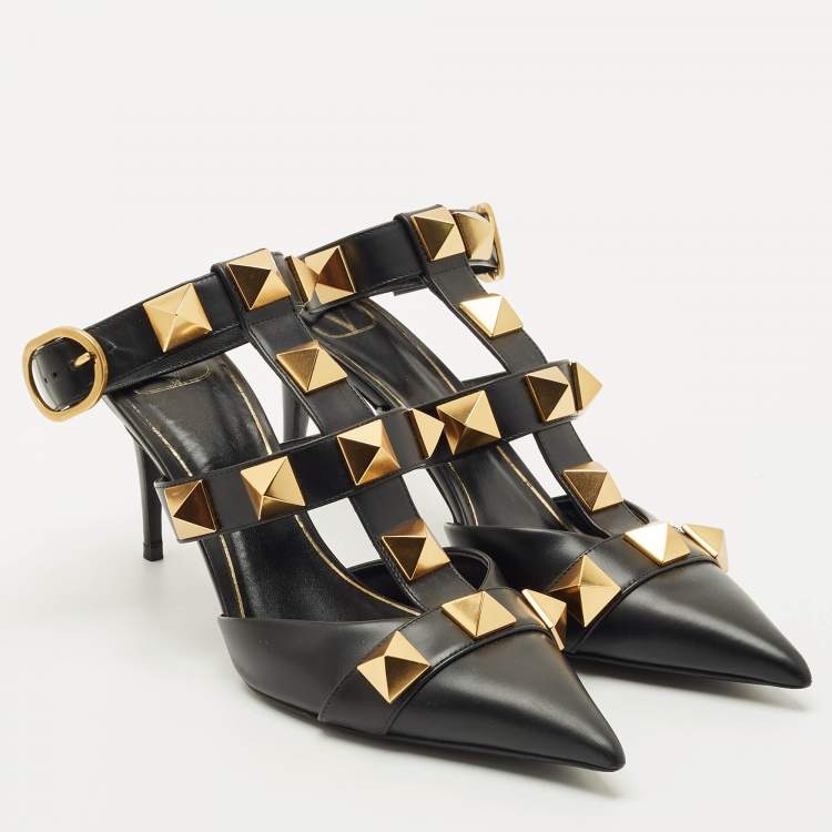 Pre Owned Valentino Black Leather Roman Stud Ankle Cuff Pointed Toe Pumps Size 39
