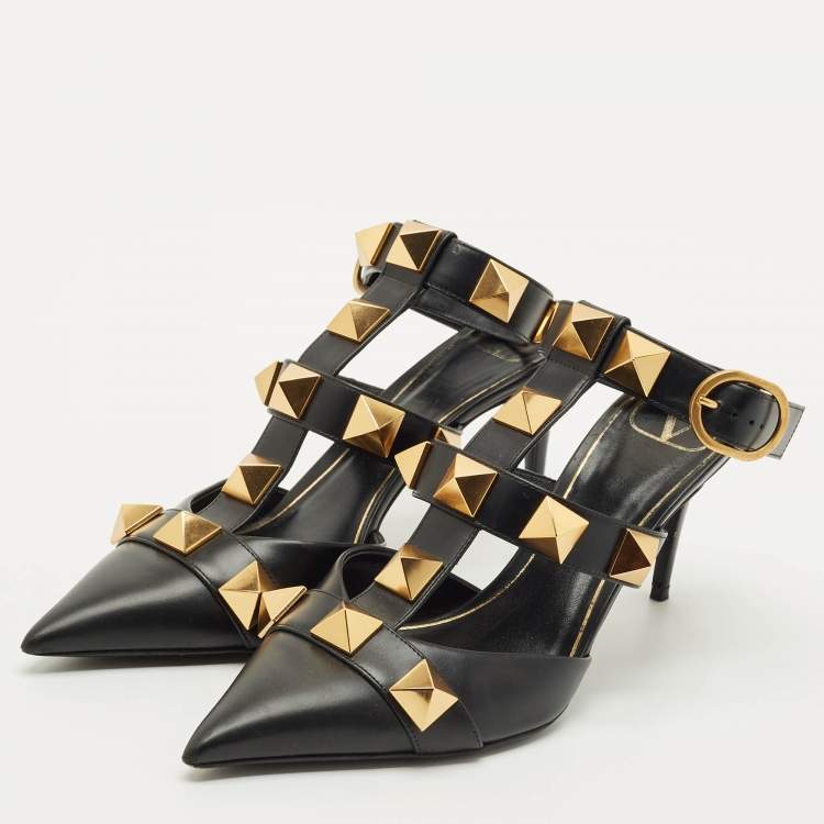 Pre Owned Valentino Black Leather Roman Stud Ankle Cuff Pointed Toe Pumps Size 39