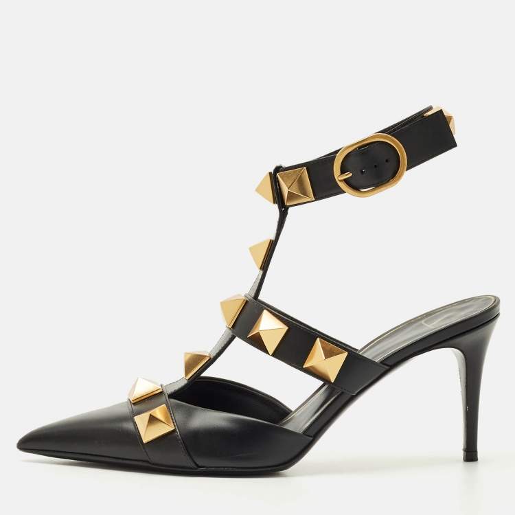 Pre Owned Valentino Black Leather Roman Stud Ankle Cuff Pointed Toe Pumps Size 39