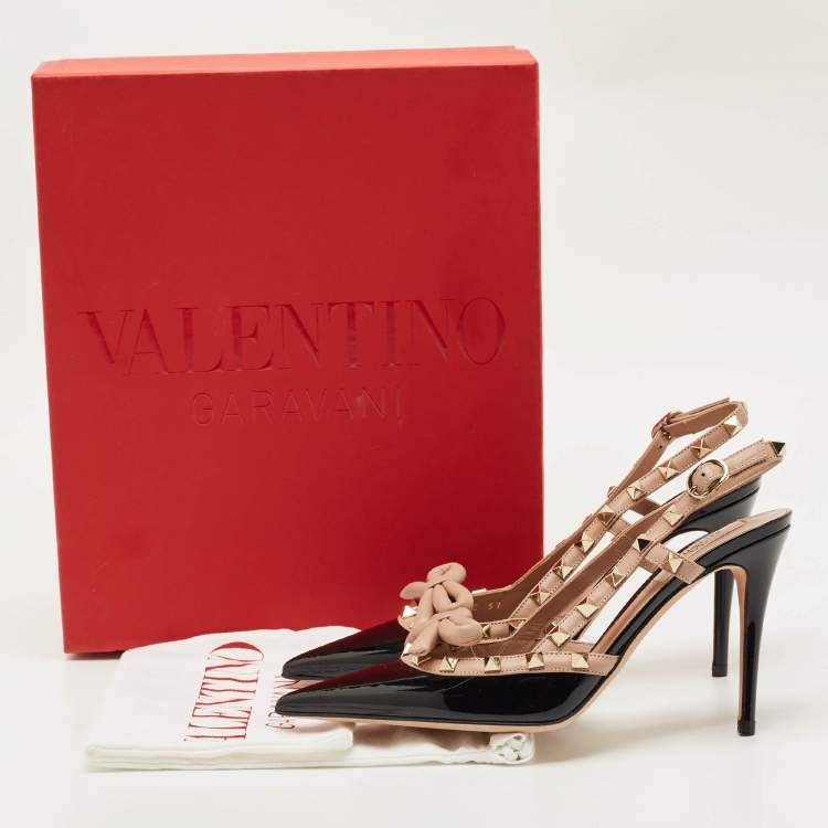 Pre Owned Valentino Black/Beige Patent and Leather Rockstud Caged Pumps Size 37