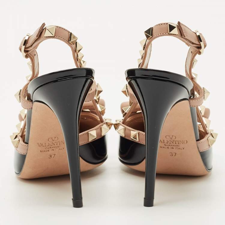 Pre Owned Valentino Black/Beige Patent and Leather Rockstud Caged Pumps Size 37