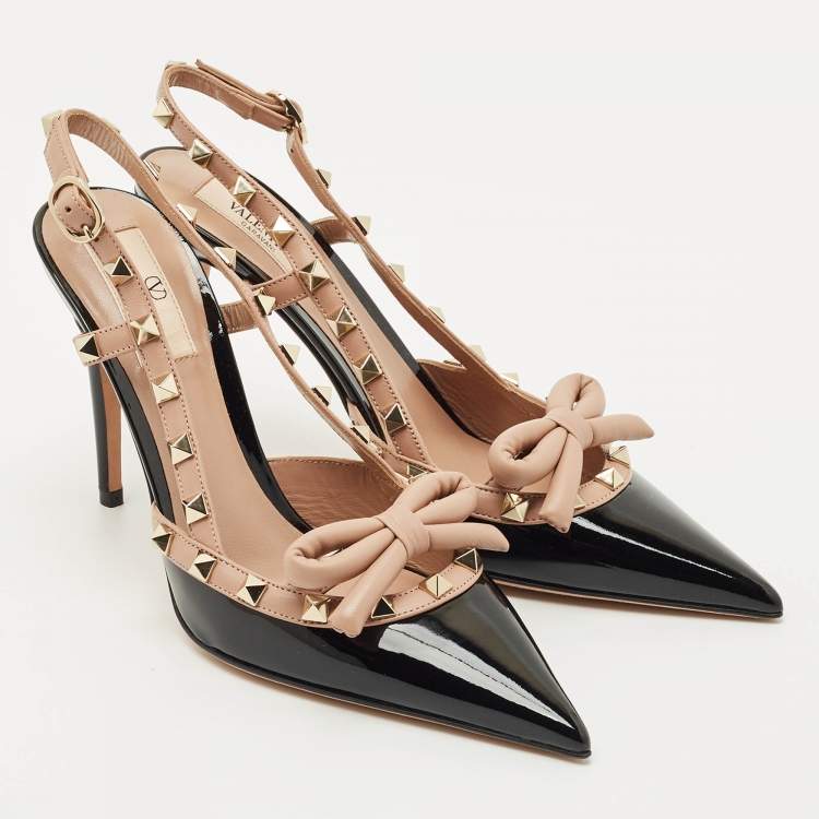 Pre Owned Valentino Black/Beige Patent and Leather Rockstud Caged Pumps Size 37