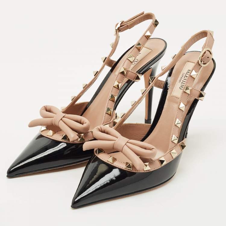 Pre Owned Valentino Black/Beige Patent and Leather Rockstud Caged Pumps Size 37