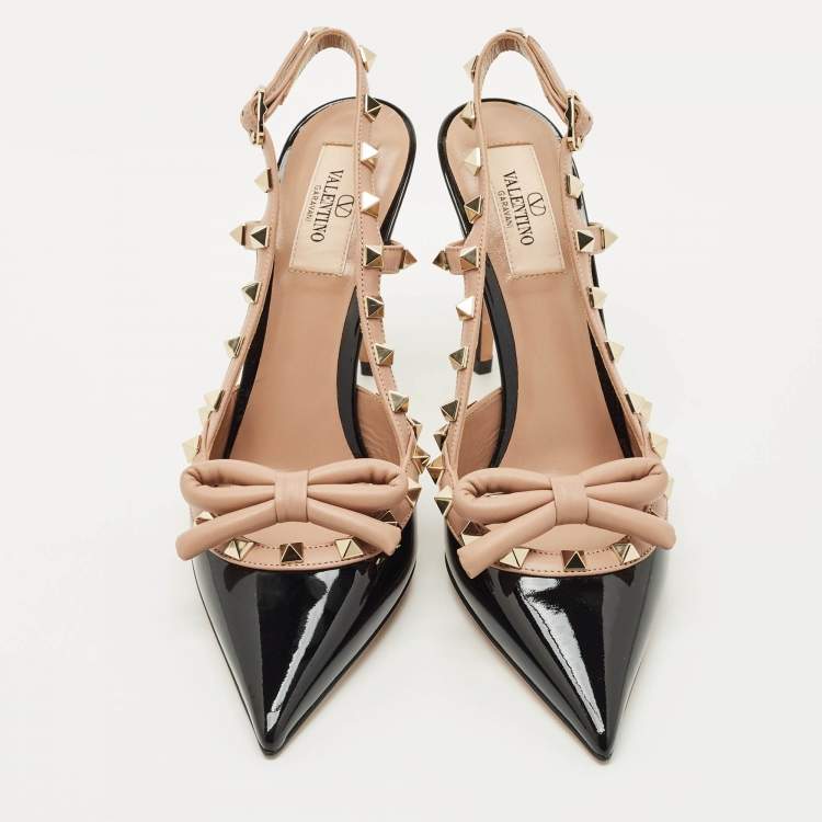 Pre Owned Valentino Black/Beige Patent and Leather Rockstud Caged Pumps Size 37