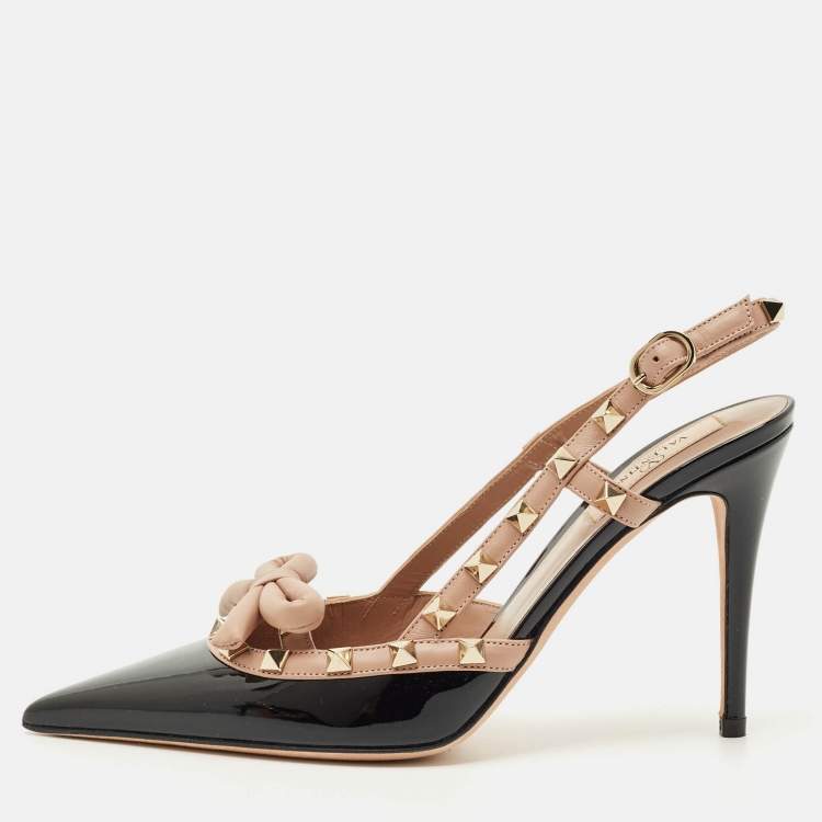 Pre Owned Valentino Black/Beige Patent and Leather Rockstud Caged Pumps Size 37