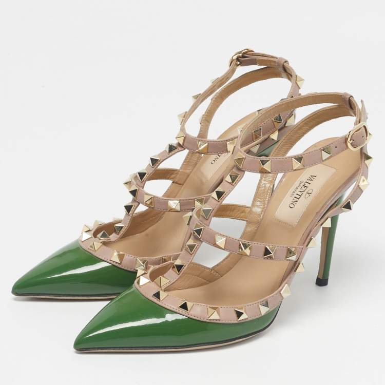 Pre Owned Valentino Beige/Green Leather and Patent Rockstud Pumps Size 36