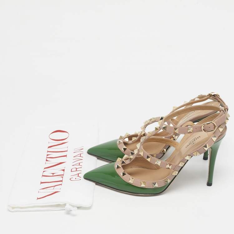 Pre Owned Valentino Beige/Green Leather and Patent Rockstud Pumps Size 36