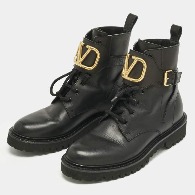 Pre Owned Valentino Black Leather VLogo Combat Boots Size 37