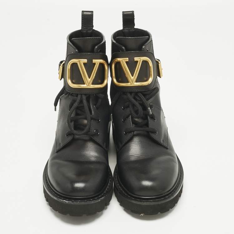 Pre Owned Valentino Black Leather VLogo Combat Boots Size 37