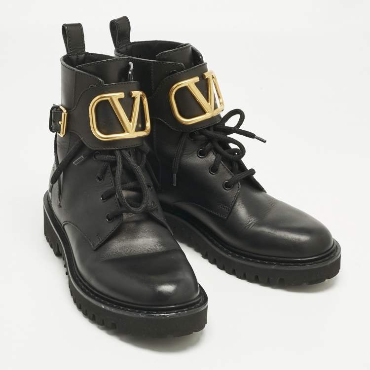 Pre Owned Valentino Black Leather VLogo Combat Boots Size 37