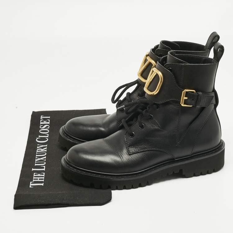 Pre Owned Valentino Black Leather VLogo Combat Boots Size 37