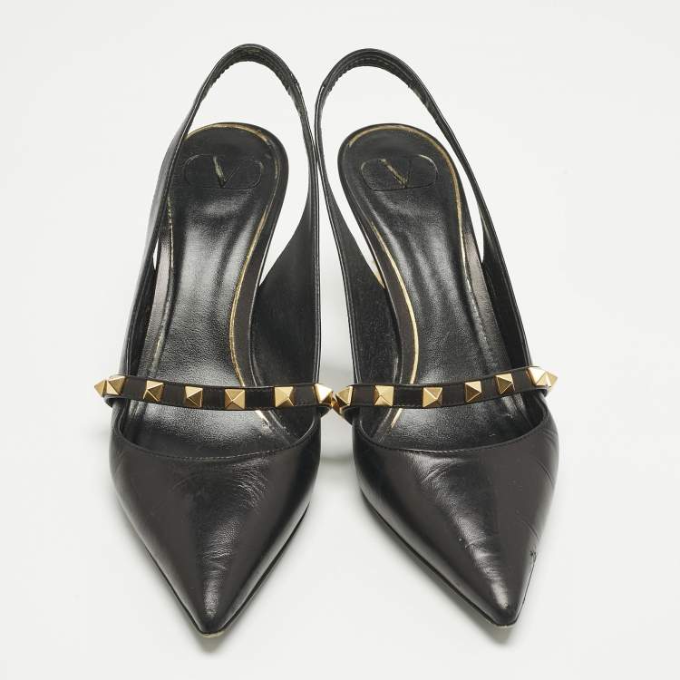 Pre Owned Valentino Black Leather Rockstud Slingback Pumps Size 38