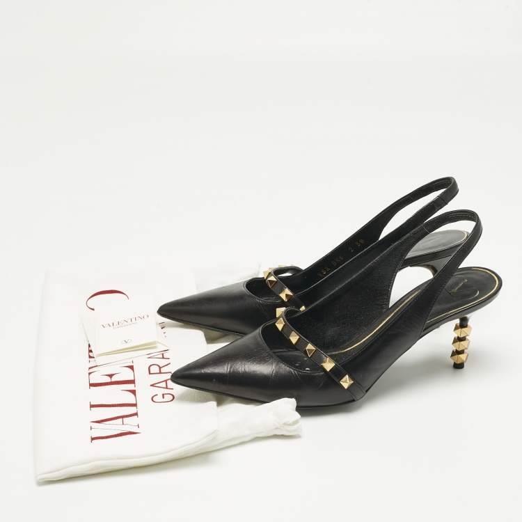 Pre Owned Valentino Black Leather Rockstud Slingback Pumps Size 38
