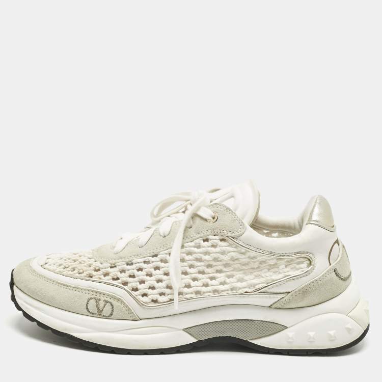 Pre Owned Valentino White/Grey Knit Fabric and Leather Ready Go Low Top Sneakers Size 37