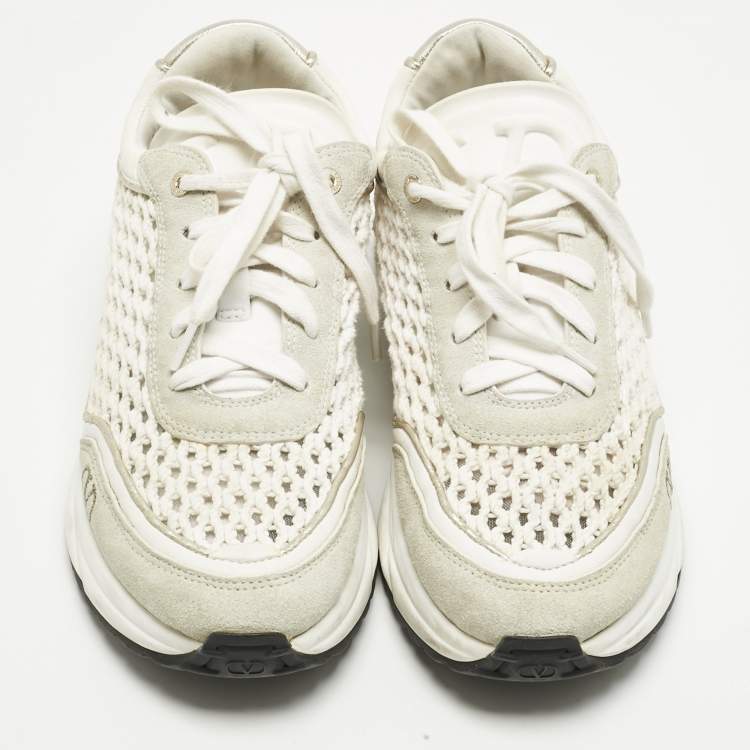 Pre Owned Valentino White/Grey Knit Fabric and Leather Ready Go Low Top Sneakers Size 37