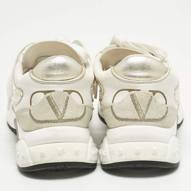 Pre Owned Valentino White/Grey Knit Fabric and Leather Ready Go Low Top Sneakers Size 37