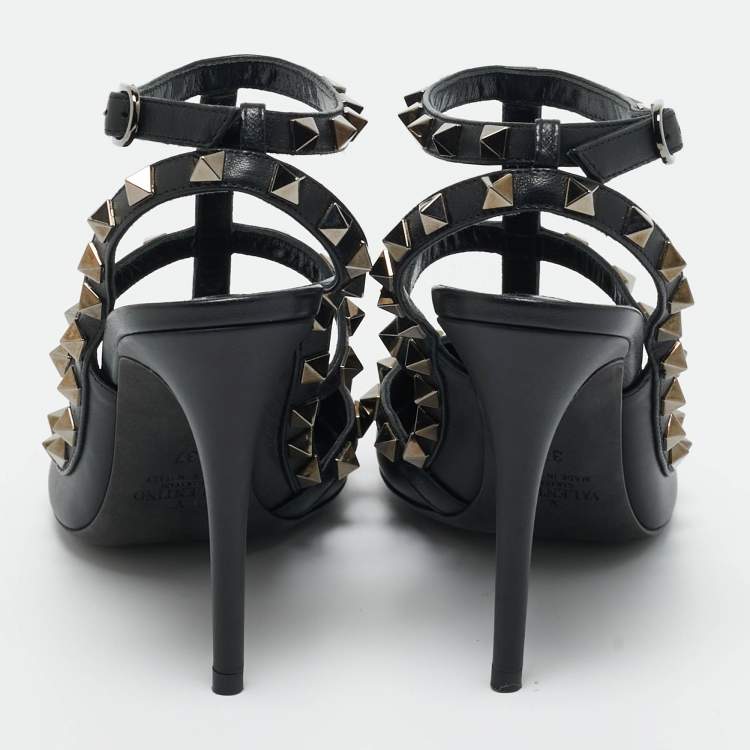 Pre Owned Valentino Black Leather Rockstud Caged Pumps Size 37