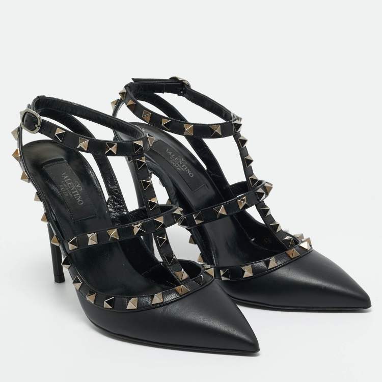 Pre Owned Valentino Black Leather Rockstud Caged Pumps Size 37
