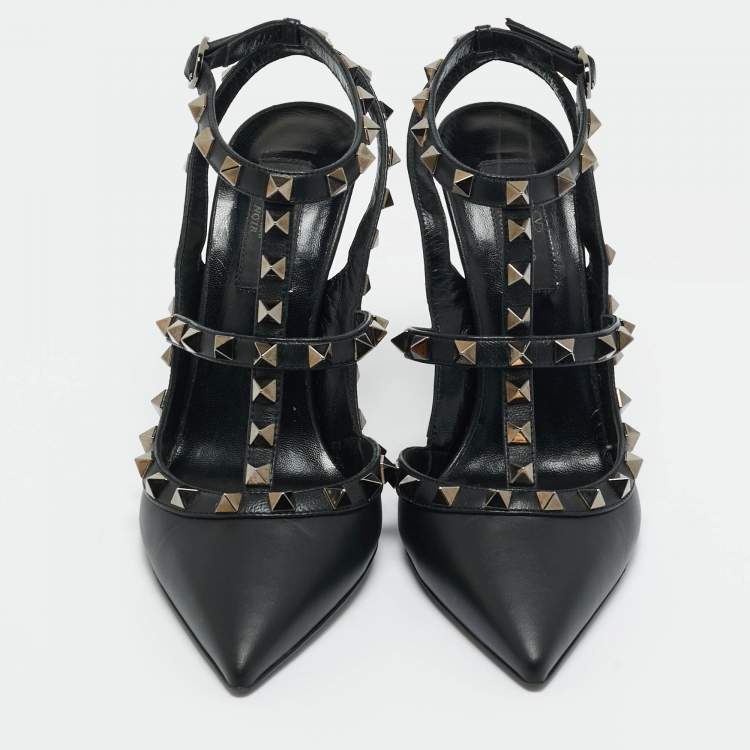 Pre Owned Valentino Black Leather Rockstud Caged Pumps Size 37