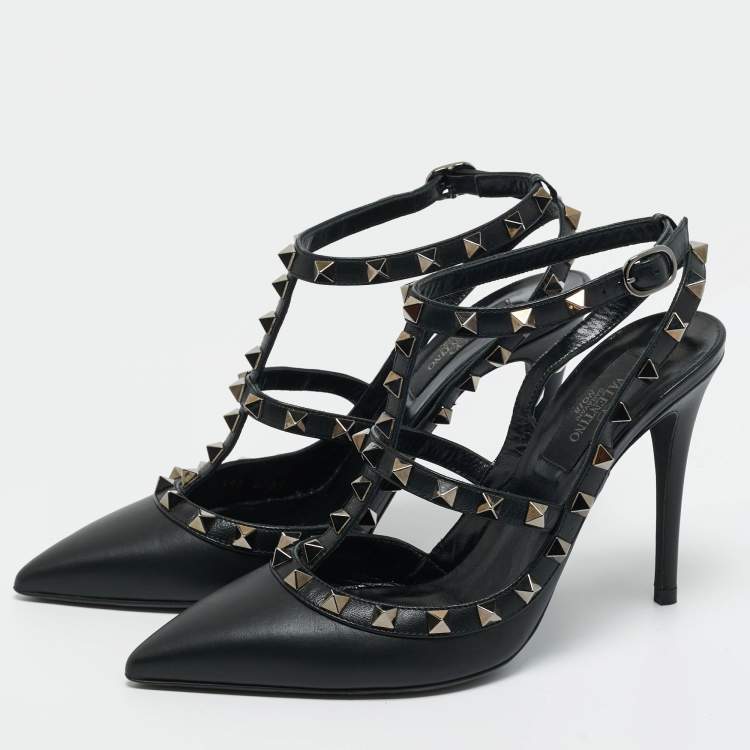 Pre Owned Valentino Black Leather Rockstud Caged Pumps Size 37