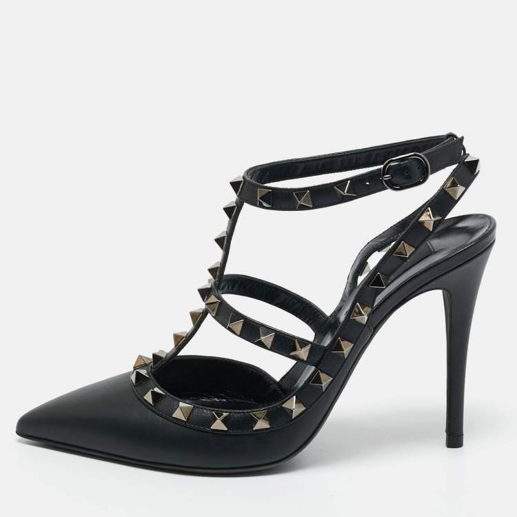 Pre Owned Valentino Black Leather Rockstud Caged Pumps Size 37