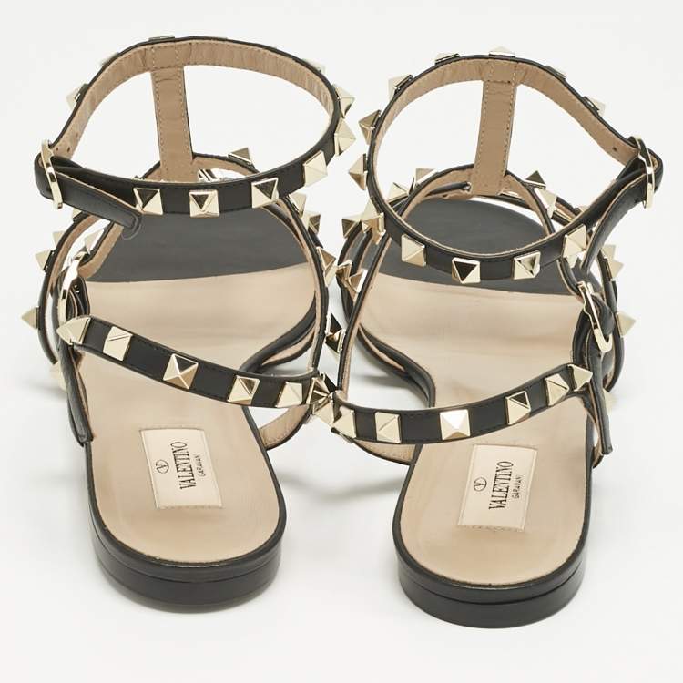 Pre Owned Valentino Black Leather Rockstud Flat Sandals Size 40