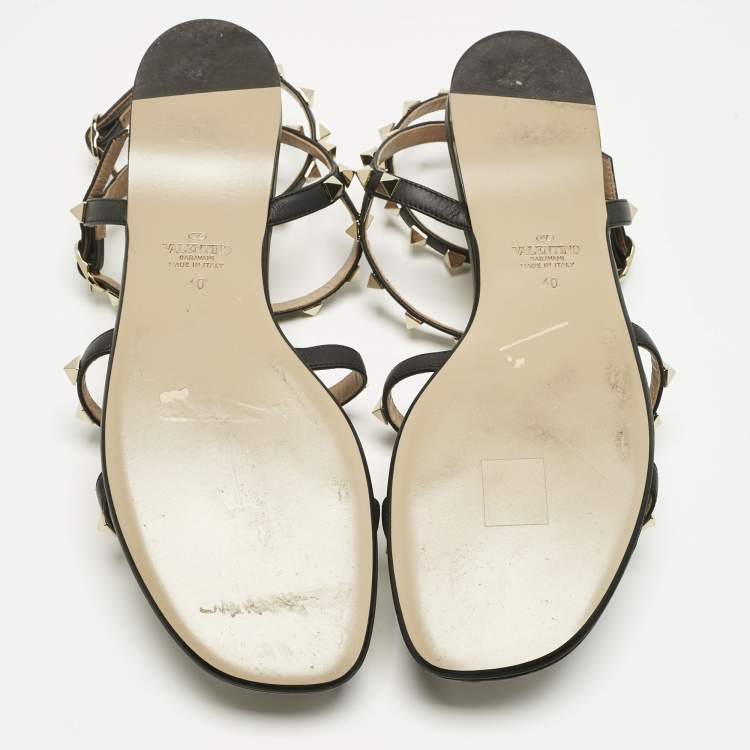 Pre Owned Valentino Black Leather Rockstud Flat Sandals Size 40