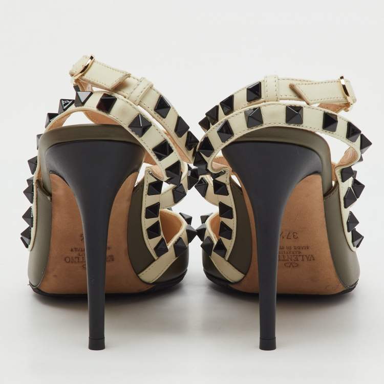 Pre Owned Valentino White/Olive Green Leather Rockstud Ankle Strap Pumps Size 37.5
