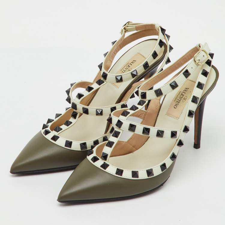 Pre Owned Valentino White/Olive Green Leather Rockstud Ankle Strap Pumps Size 37.5