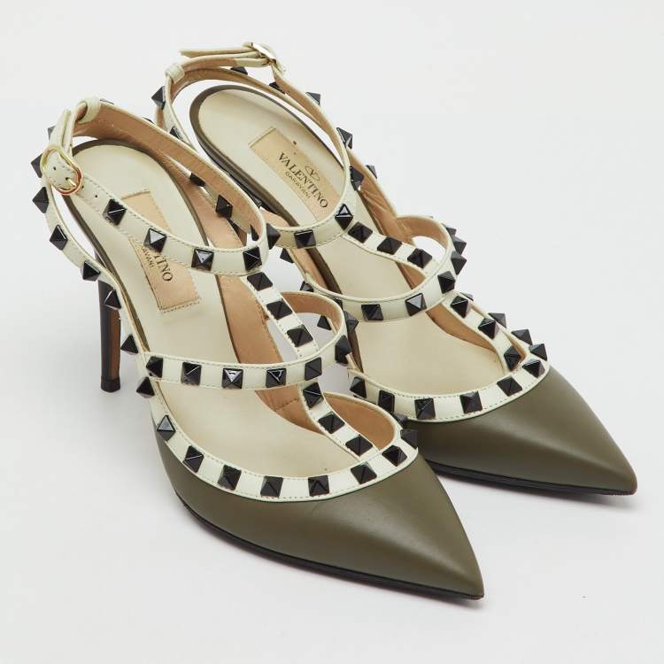 Pre Owned Valentino White/Olive Green Leather Rockstud Ankle Strap Pumps Size 37.5