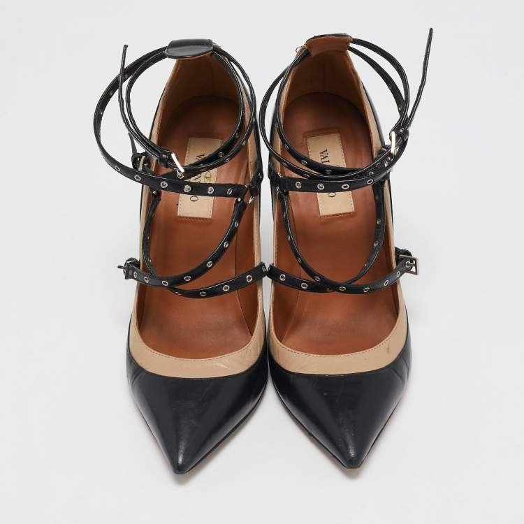 Pre Owned Valentino Black/Beige Leather Love Latch Pumps Size 37