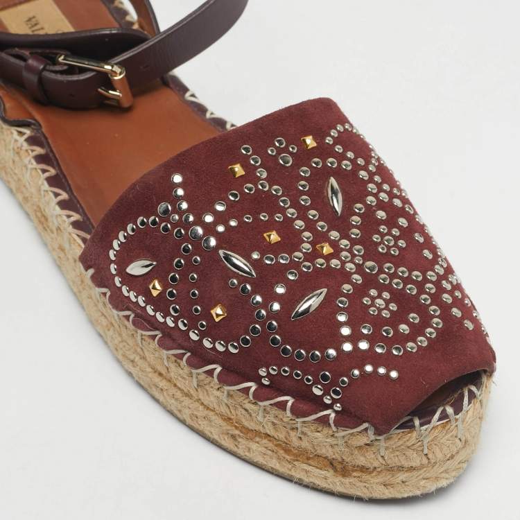 Pre Owned Valentino Burgundy Embellished Suede and Leather Ankle Strap Espadrille Flats Size 40