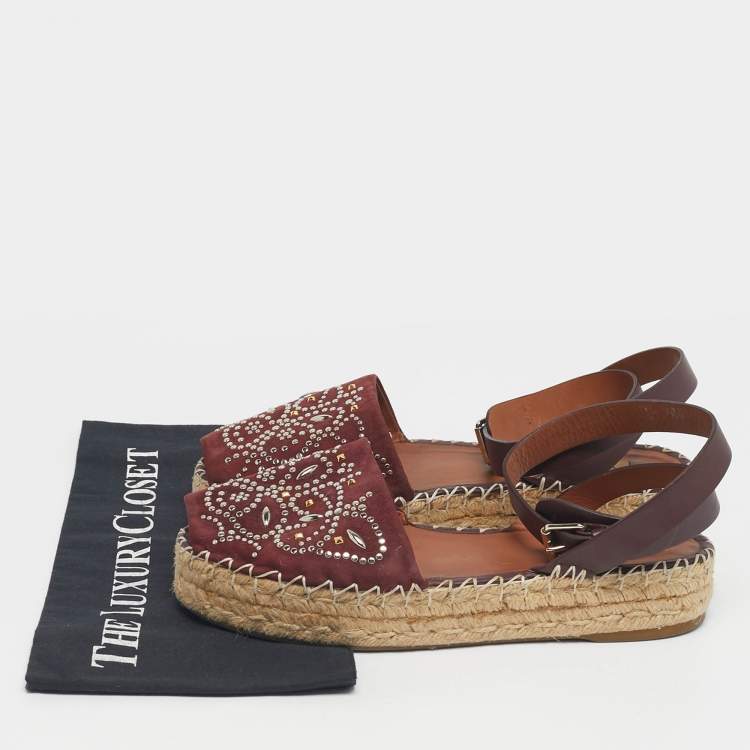 Pre Owned Valentino Burgundy Embellished Suede and Leather Ankle Strap Espadrille Flats Size 40