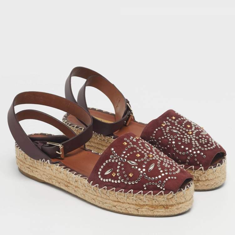 Pre Owned Valentino Burgundy Embellished Suede and Leather Ankle Strap Espadrille Flats Size 40