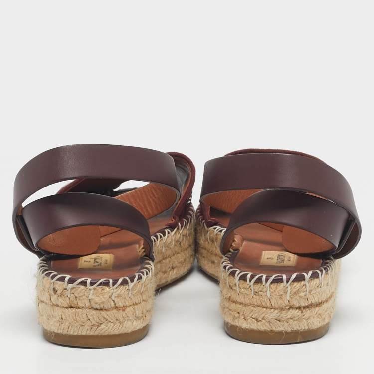 Pre Owned Valentino Burgundy Embellished Suede and Leather Ankle Strap Espadrille Flats Size 40