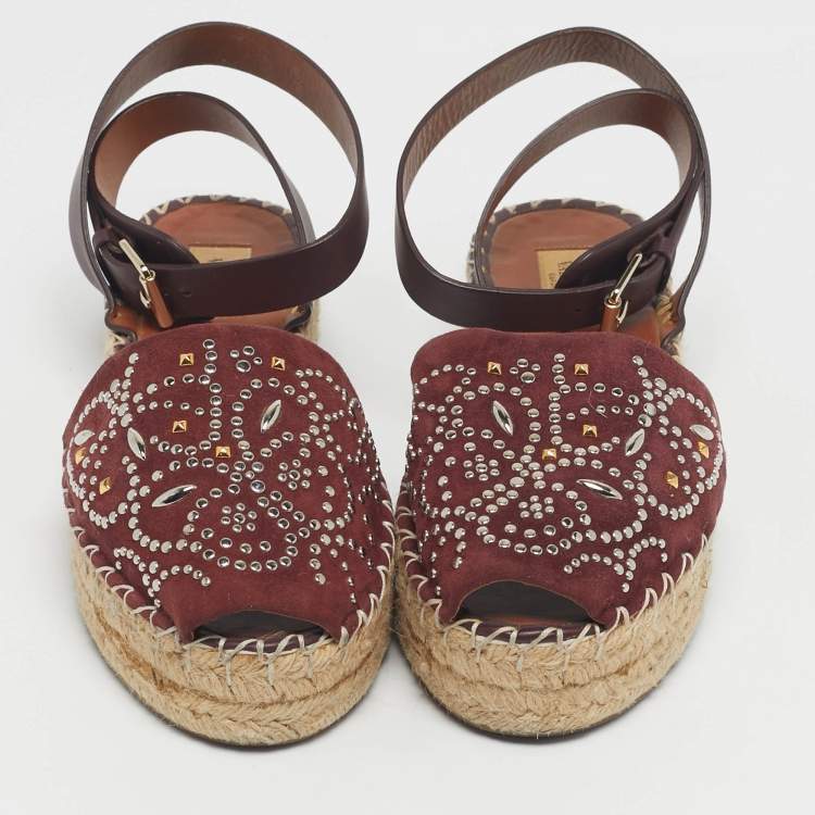 Pre Owned Valentino Burgundy Embellished Suede and Leather Ankle Strap Espadrille Flats Size 40