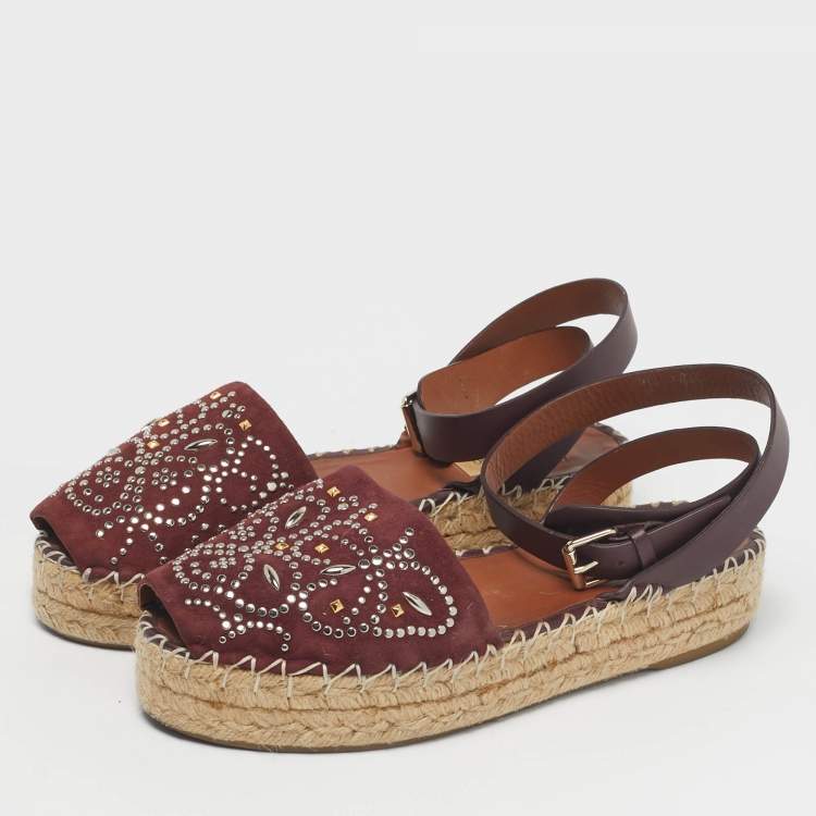 Pre Owned Valentino Burgundy Embellished Suede and Leather Ankle Strap Espadrille Flats Size 40