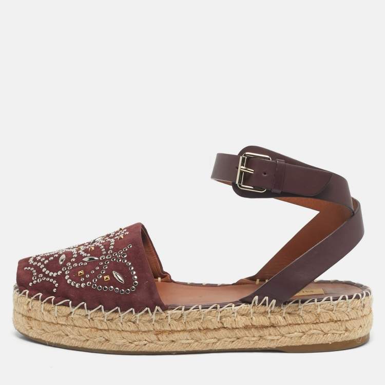 Pre Owned Valentino Burgundy Embellished Suede and Leather Ankle Strap Espadrille Flats Size 40