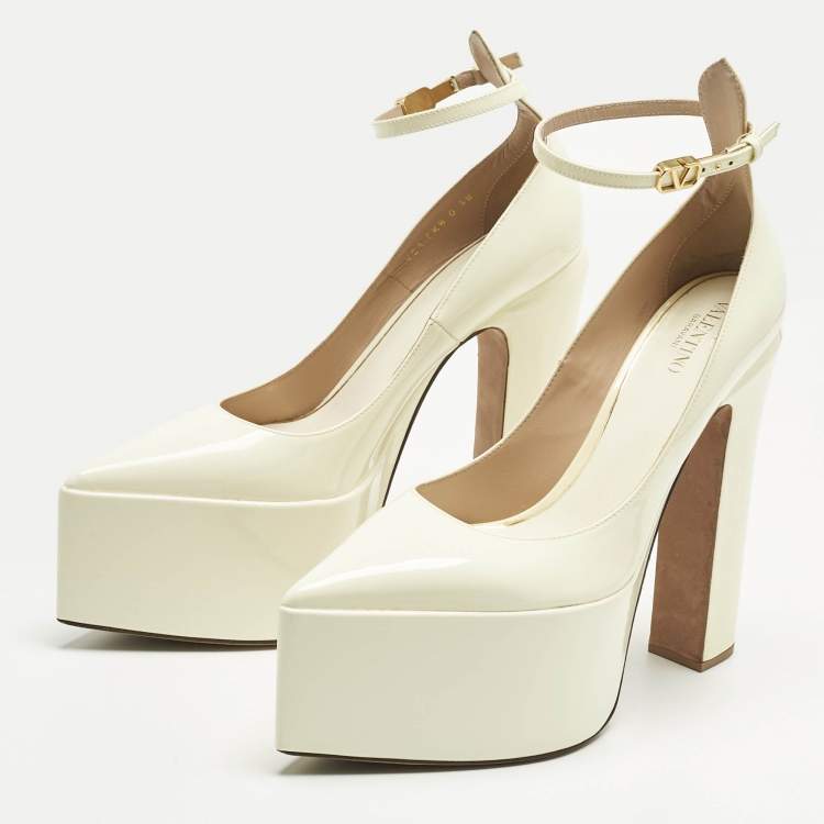 Pre Owned Valentino Cream Patent Leather Tan-Go Platform Pumps Size 38