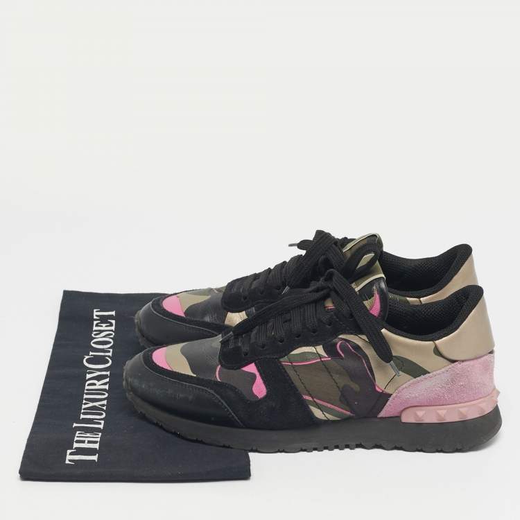 Pre Owned Valentino Multicolor Camouflage Suede And Leather Rockrunner Low Top Sneakers Size 38