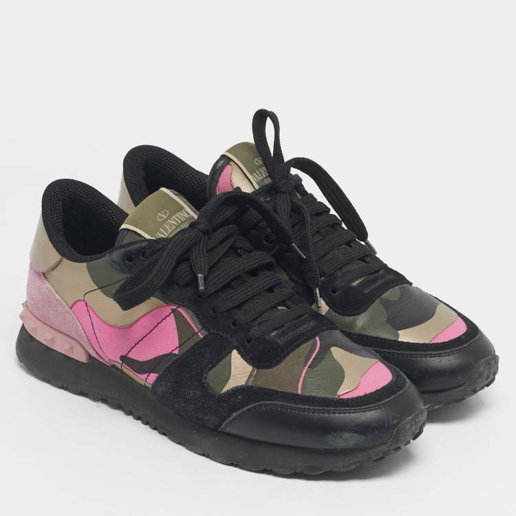 Pre Owned Valentino Multicolor Camouflage Suede And Leather Rockrunner Low Top Sneakers Size 38