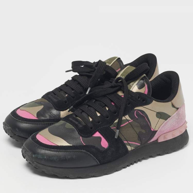 Pre Owned Valentino Multicolor Camouflage Suede And Leather Rockrunner Low Top Sneakers Size 38