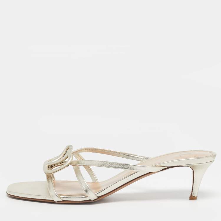 Pre Owned Valentino Metallic Leather VLogo Signature Slide Sandals Size 40.5